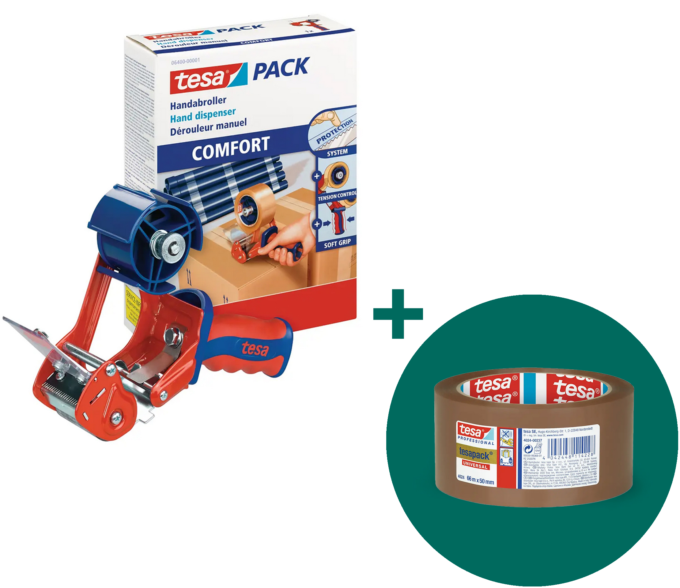 Verpackungsklebeband tesa® 4024 PP + Packband-Handabroller tesa® 6400 Comfort